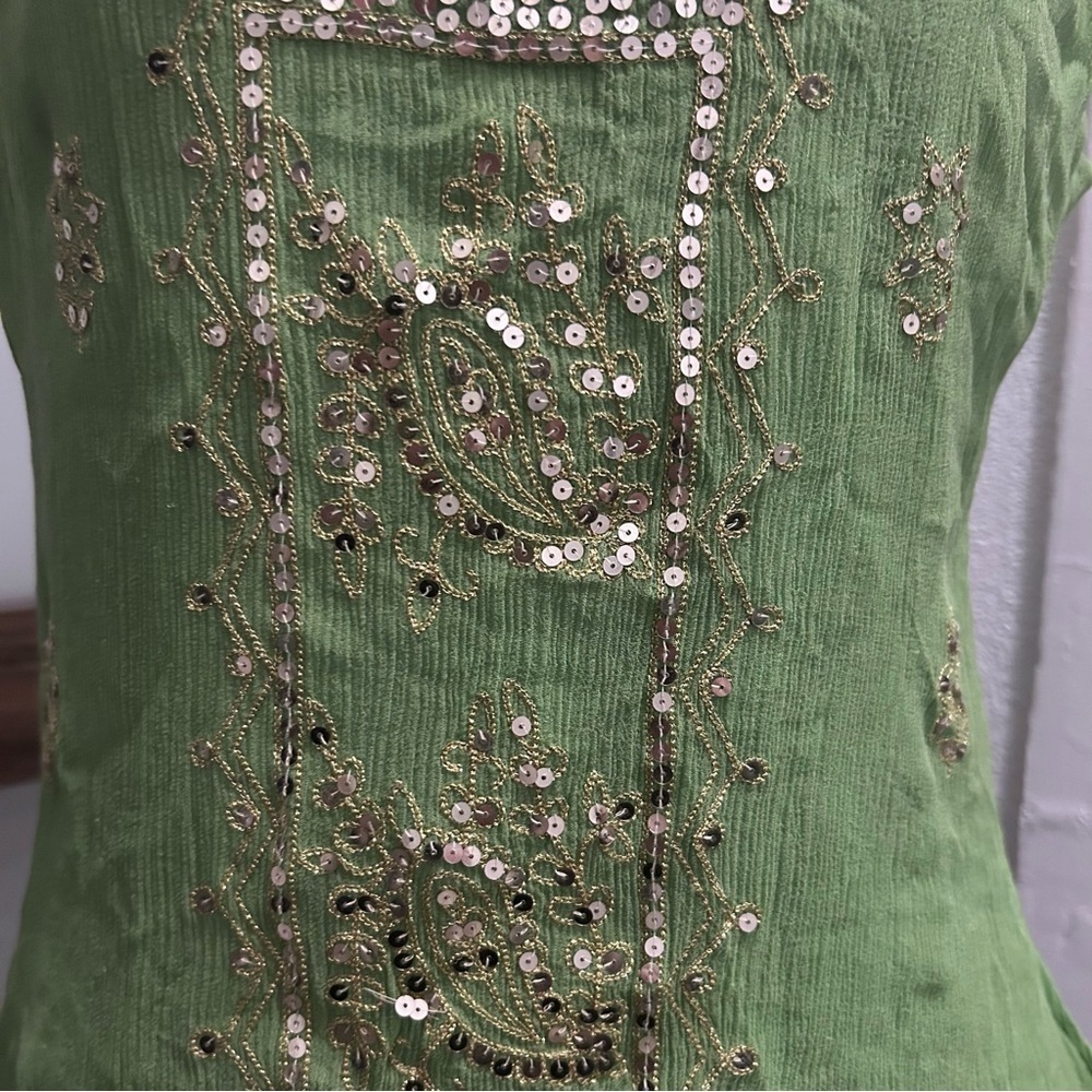 Vintage SilkLand Green Sequins 100% Silk Sleeveless Blouse Boho. Size L - Picture 5 of 7
